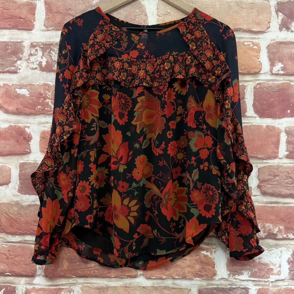 Ann Taylor Loft Top Women's XS Black Multicolor Garden Floral Chic Ruffle Shirt